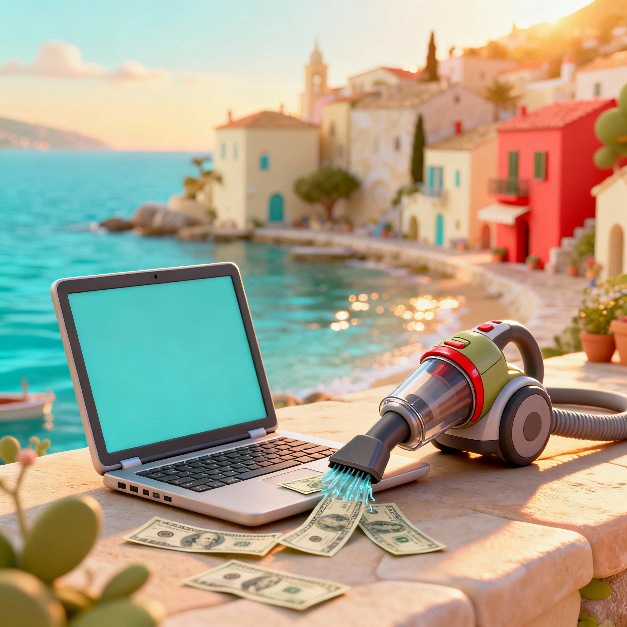  A vacuum suckioning money on top of a laptop. The scene is on a balcony in front of the ocean.