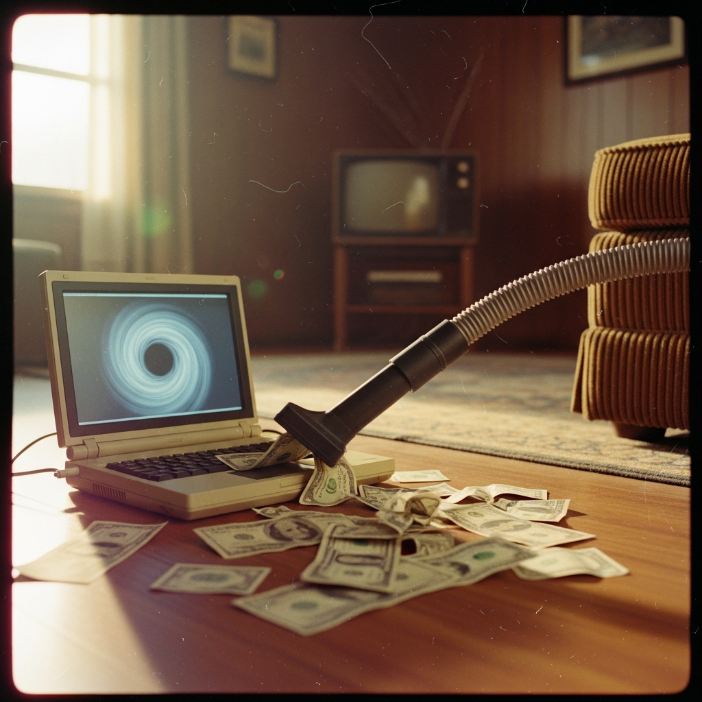 A vacuum cleaner sucking up money on top of an old laptop